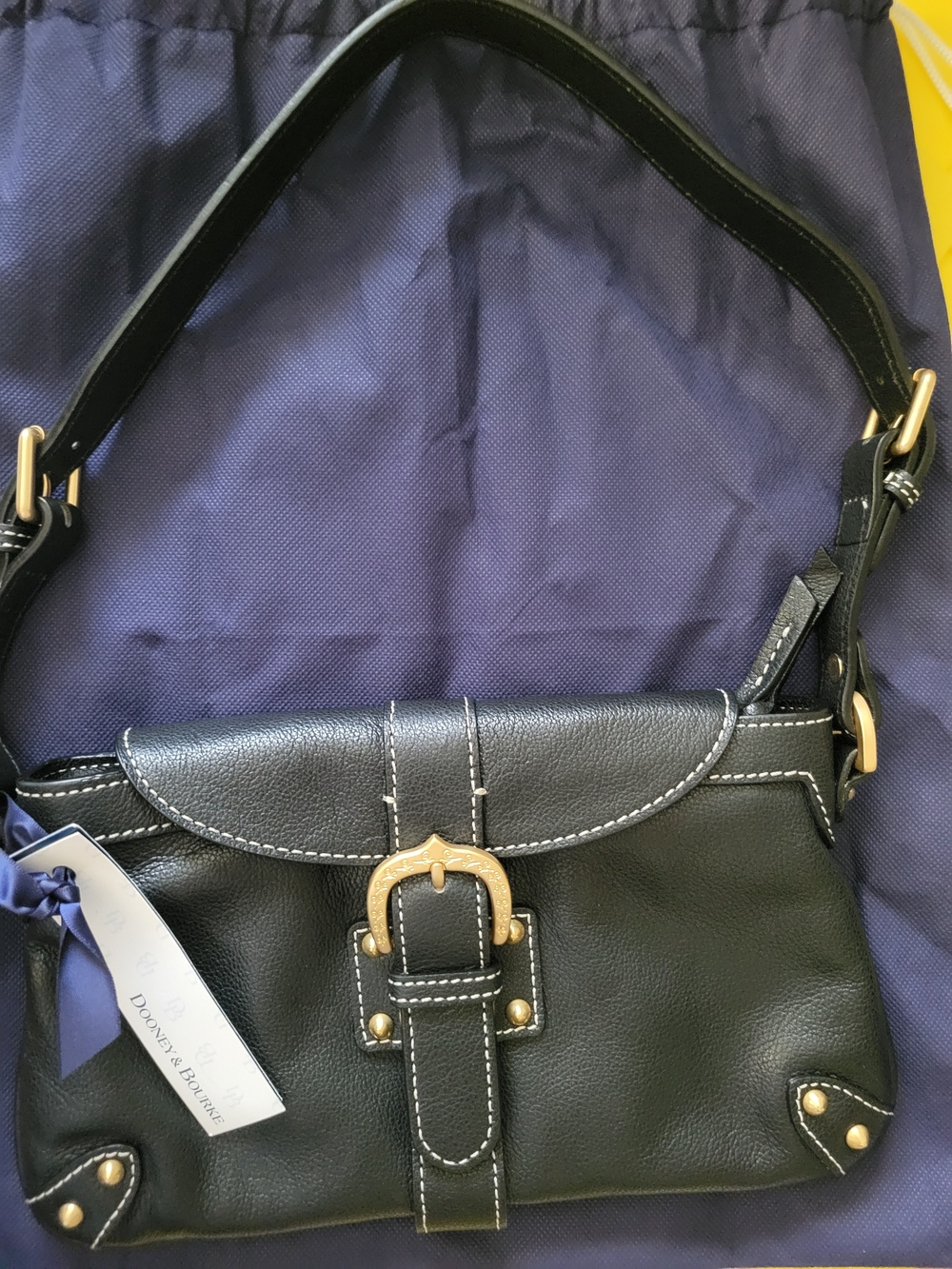 VTG Dooney & Bourke Medium Slim Flap Black Pebbled Leather Bag with Gold Buckle